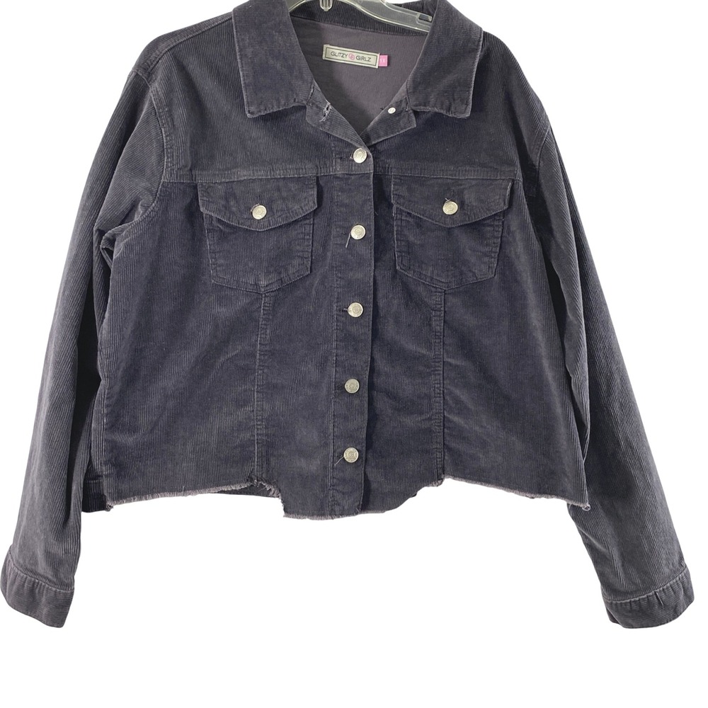 Glizty Girlz Gray Corduroy Cropped Jacket 1X Jagged Raw Hem Button Up‎ Grunge